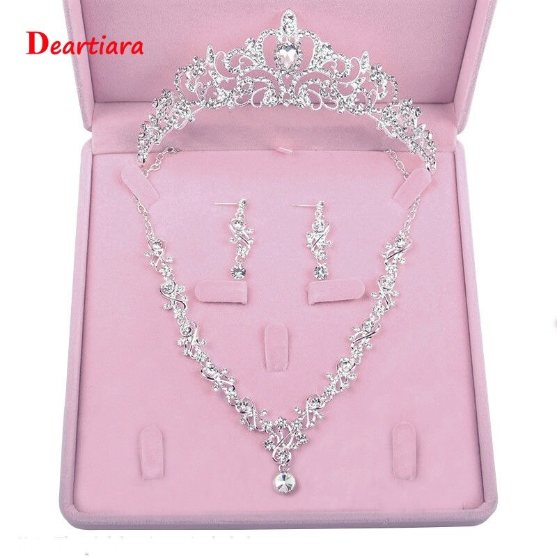 Crystal Princess Tiara Necklace Earrings Wedding Jewlry Set