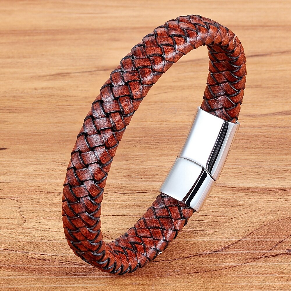 Punk Bracelets Charm Men Bracelets Braided Leather Stainless Steel Magnetic Clasp Rope Women Jewelry Man Wrist Band: 21cm