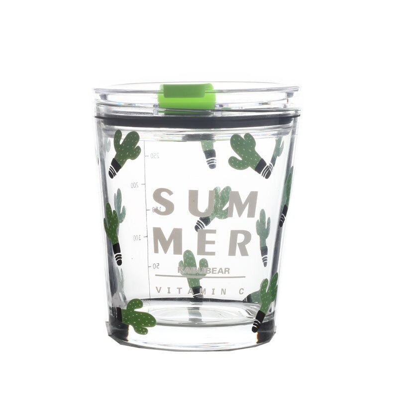 450ml glass kopp tegneserie frokost drikke vann sippy kopp glass med lokk vannkopp netto rød søt melk juice kopper: Kaktus 350ml