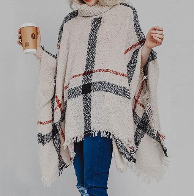 Efterår vinter poncho strikket rullekrave plaid kvinder poncho flagermusærmer lange ponchoer og kapper sweater pullovere