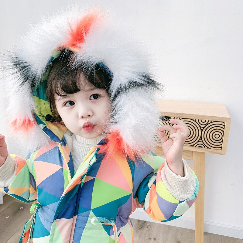 Boy Winter Jacket Coat Girl'S and Boy Geometry Printed Fur Collar Plus Velvet Cotton Coat Korean-style Winter Kids Coats