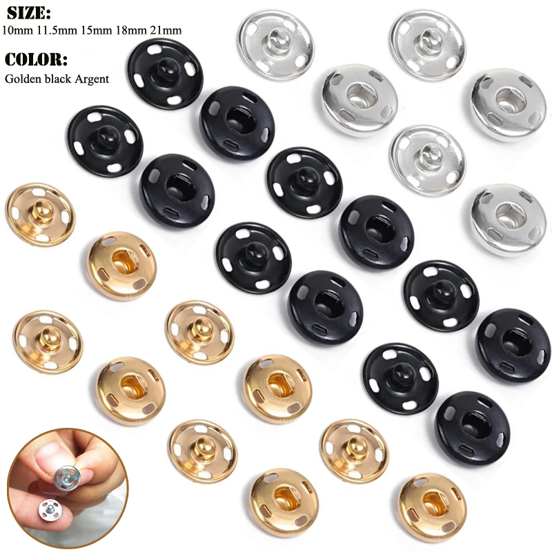 Juego de 10/50 botones a presión de Metal de 10-21mm, Color negro y plateado, botones de cierre a presión para ropa de costura DIY, botones de presión artesanales