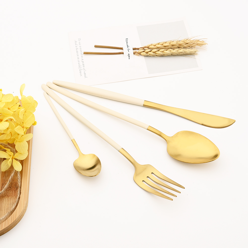 1Pcs Bestek Set 304 Rvs Kleurrijke Servies Set Lepel Mes Servies Set Zilverwerk Beige Goud Keuken Accessoires