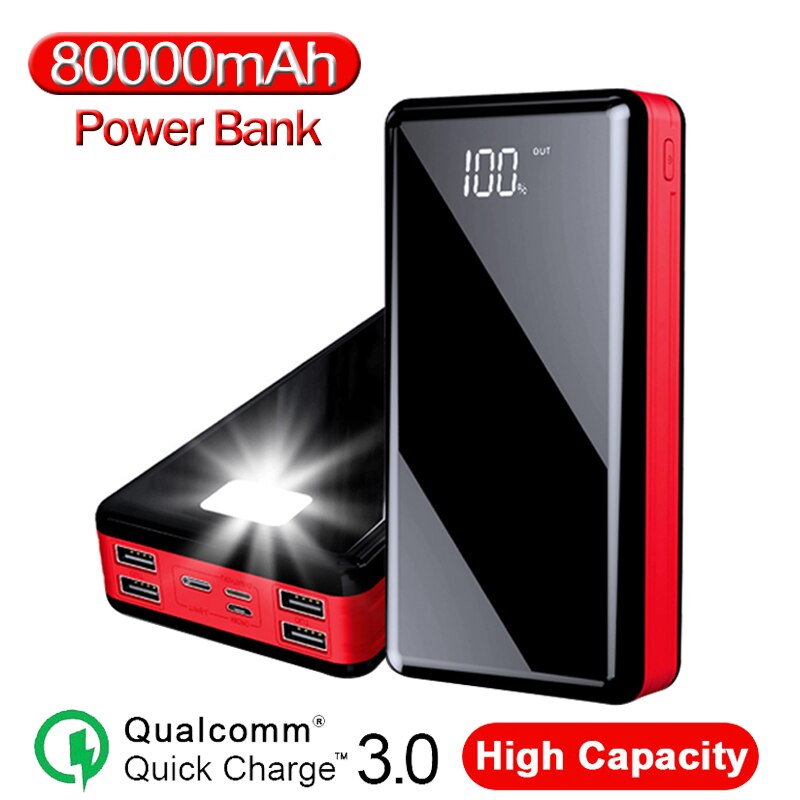 80000mAh Power Bank Travel Portable High Capacity Mobile with 4USB Outdoor Fast Charging Poverbank for Xiaomi Samsung iPhone13