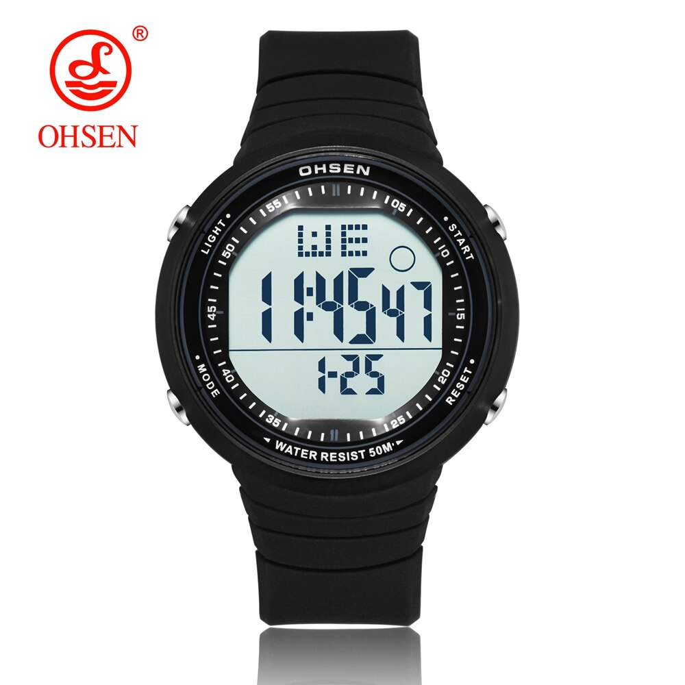 Ohsen Digitale Lcd Sport Mannen Polshorloge Relogio Masculino 50M Waterdicht Alarm Datum Rubber Mode Witte Outdoor Sport Horloge Cadeau: Black watch