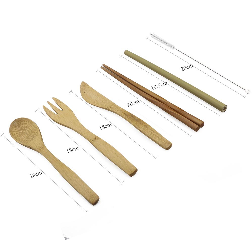 7-Piece Wooden Flatware Cutlery Set Bamboo Straw Set With Cloth Bag Knives Fork Spoon Chopsticks Travel