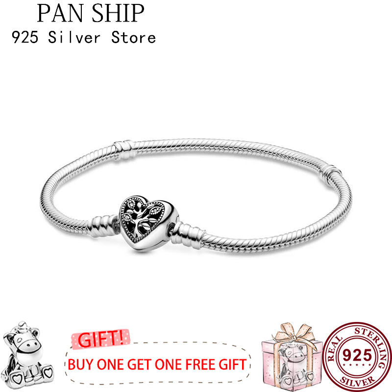 Original 925 Sterling Silver Heart Shaped Life Tree Clasp Pan Bracelet For Women Wedding Jewelry