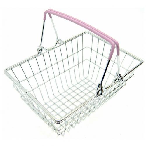 Children Miniature Metal Supermarket Shopping Basket Pretend Role Play Toy for Kitchen Fruit Vegetable Grocery Storage: Pink