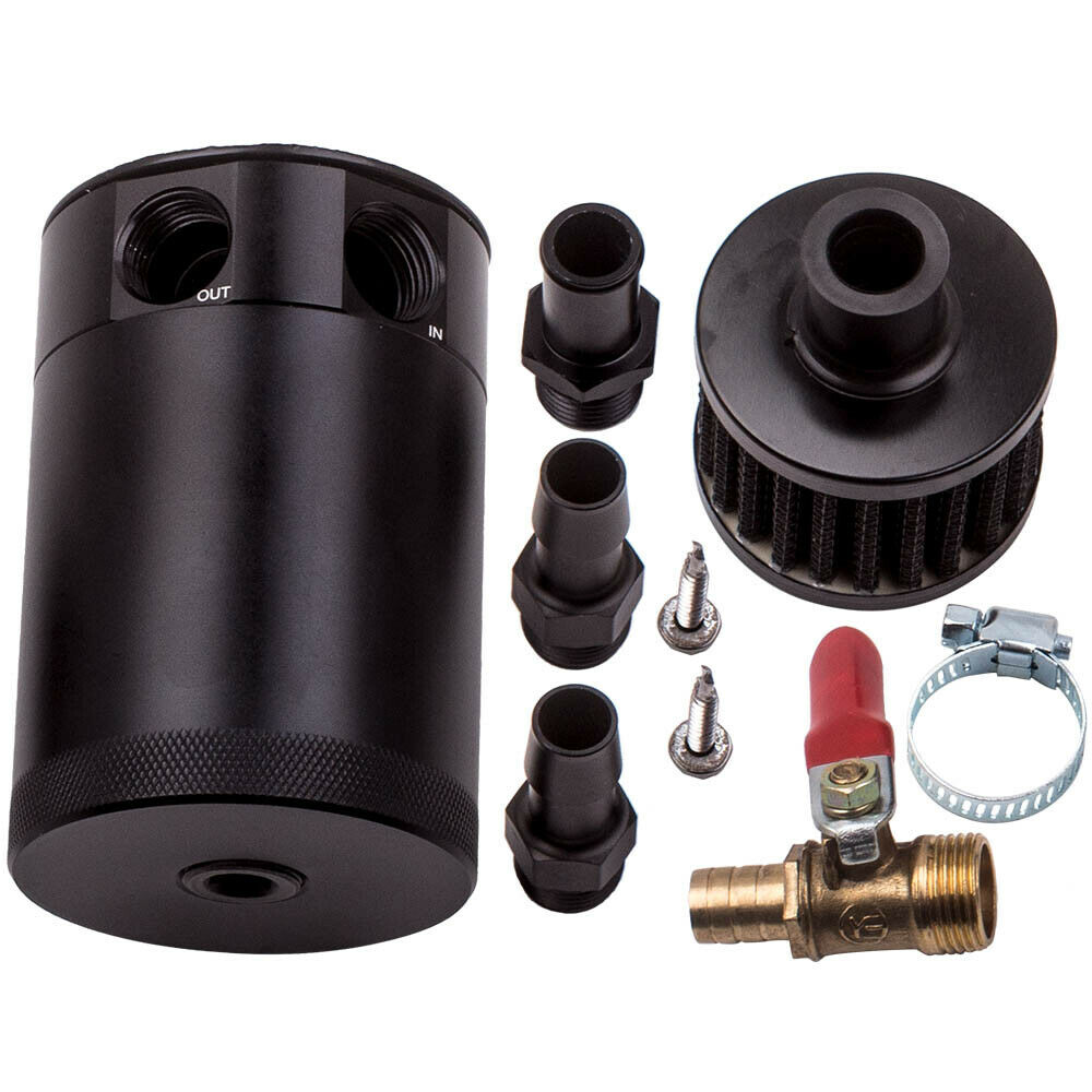 Black Aluminum 2-Port Oil Catch Can Tank With Drain Valve Baffled Breather Universal