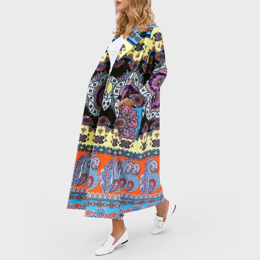 schick Ethnische stil Revers Blumen- Gedruckt Übergröße Lange frauen Mantel Blumen- drucken Frühling Straße Stil max Frauen Jacke: XL