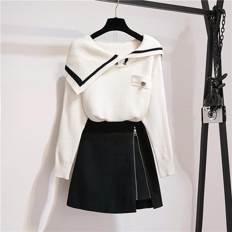 ICHOIX women 2 piece skirt set Korean style winter outfits white sweater + zipper mini skirt girl 2 piece set tops and skirt set