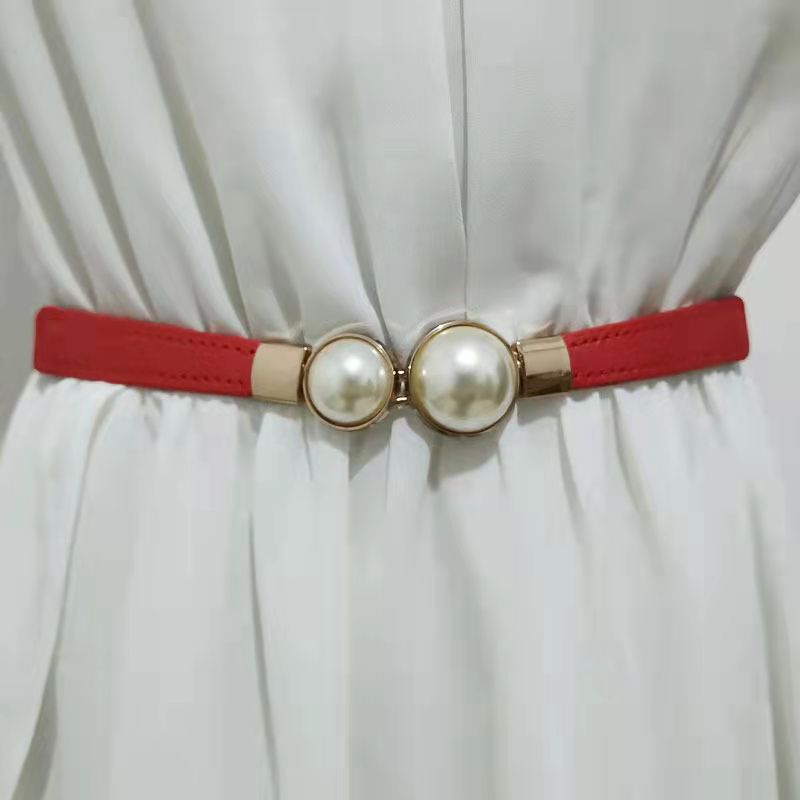 Cinturón de perlas para mujer, faja de cintura elástica con doble hebilla, , accesorios de ropa femenina: 6