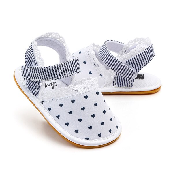 Floral Stripe heart Baby girls sandals Cotton fabric Rubber sole infant Crib shoes baby Moccasins sandals shoes: white heart / 3
