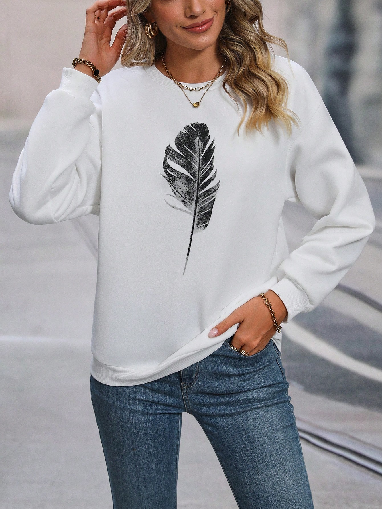 Eenvoudige Kunst Veren Print Sweatshirt Voor Dames Casual Street Style Tops Ronde Hals Mode Hoodies Herfst Fleece Dameskleding