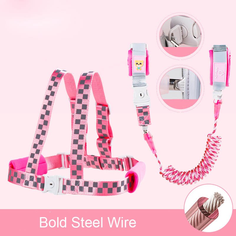 Anti Verloren Pols Link Peuter Leash Harnas Met Key Lock Baby Reflecterende Riem Touw Kinderen Lopen Polsband: Pink / 2M