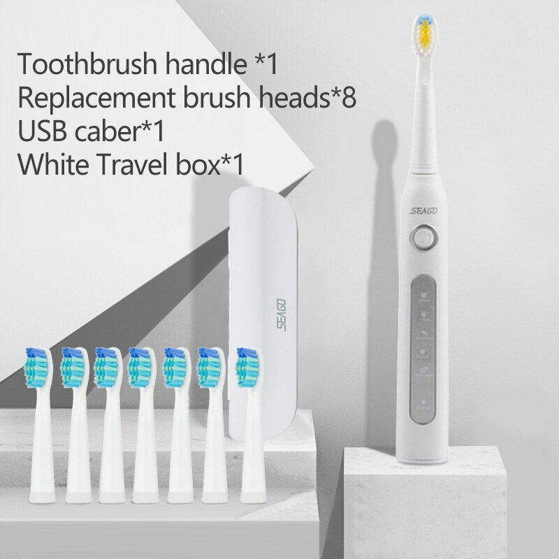 SEAGO Sonic Electric Toothbrush Adults Timer 5 Modes USB Rechargeable Tooth Brush Replacement Brush Head Nozzles Box SG-507: white5head1box