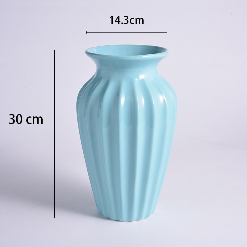 European-style Simple White Striped Vase Ornaments Ceramic Flower Arrangement Water Vase Living Room Decoration Accessories: Blue-L