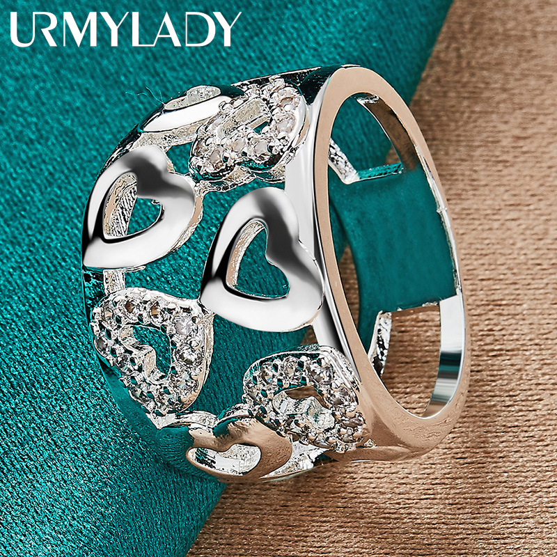 URMYLADY Ciondolo con zirconi a forma di cuore liscio cavo in argento sterling 925 7-10 # Anello per donna, matrimonio, fidanzamento, gioielli di moda