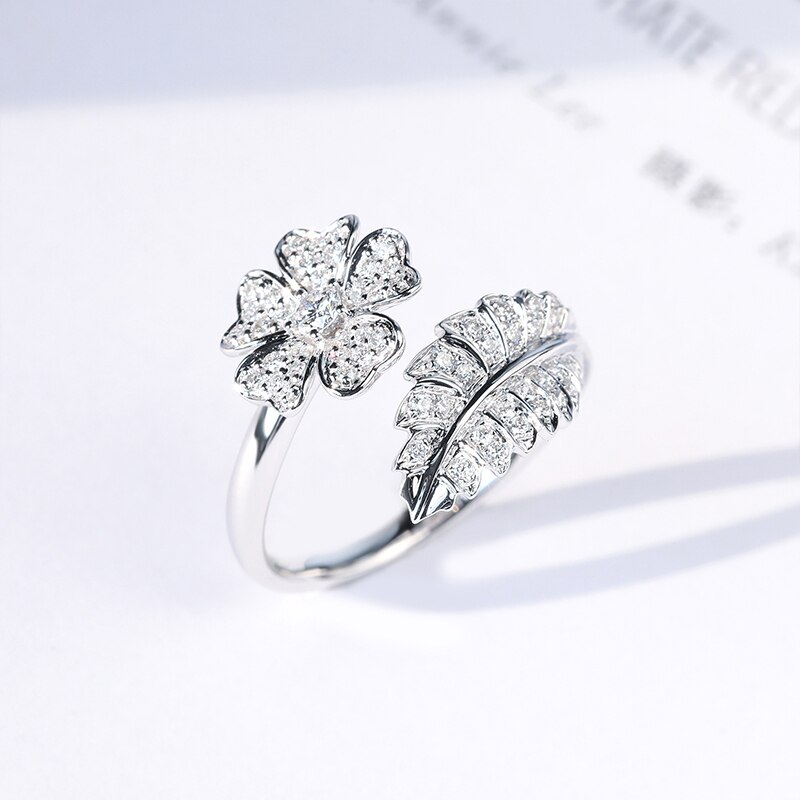 Bling Einzigen Kleeblatt Blume Öffnung Einstellbare Silber Farbe Blatt Mikro Inlay Zirkon Ringe für Frauen Weibliche Hochzeit Finger