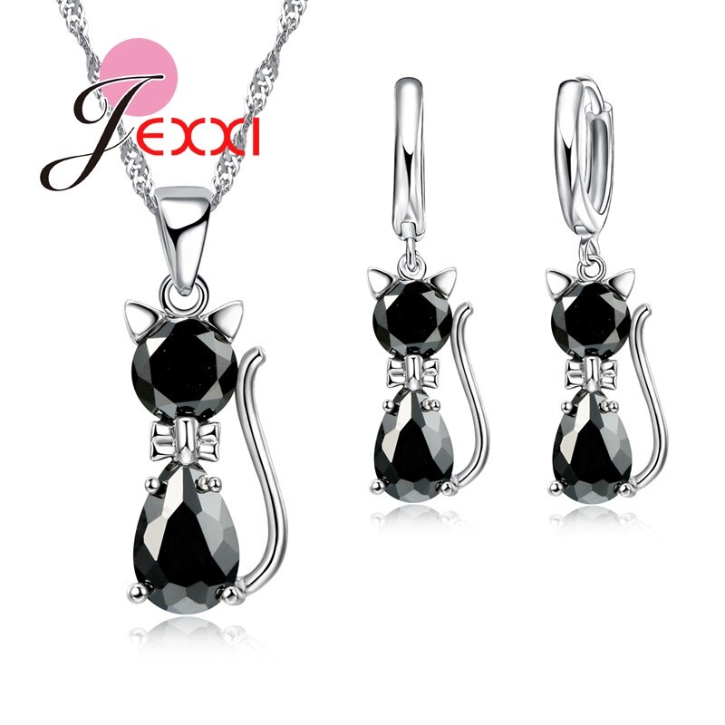 Mode 925 Sterling Zilveren Sieraden Sets Voor Vrouwen Laies Luxe Cz Rhinestone Dier Kat Charm Hanger Ketting Oorbellen: Black