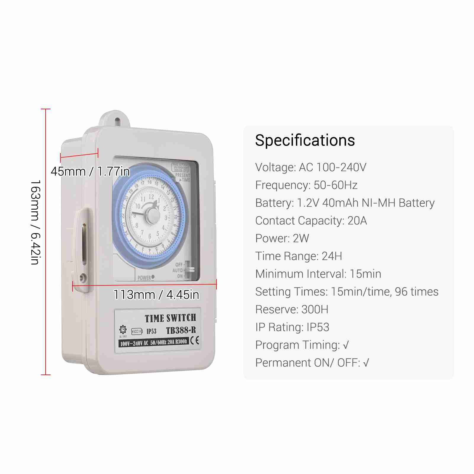 Mechanical 24 Hours Timer Switch IP53 Programmable Electrical Timer Switch Box AC 100-240V 15 Minutes Interval 96 Times ON/ OFF