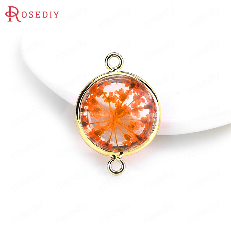 (C828)6 pieces 14x20mm 24K Gold Color Brass and Glass 2 Holes + Dried Flower Round Connect Charms Pendants Diy Jewelry Findings