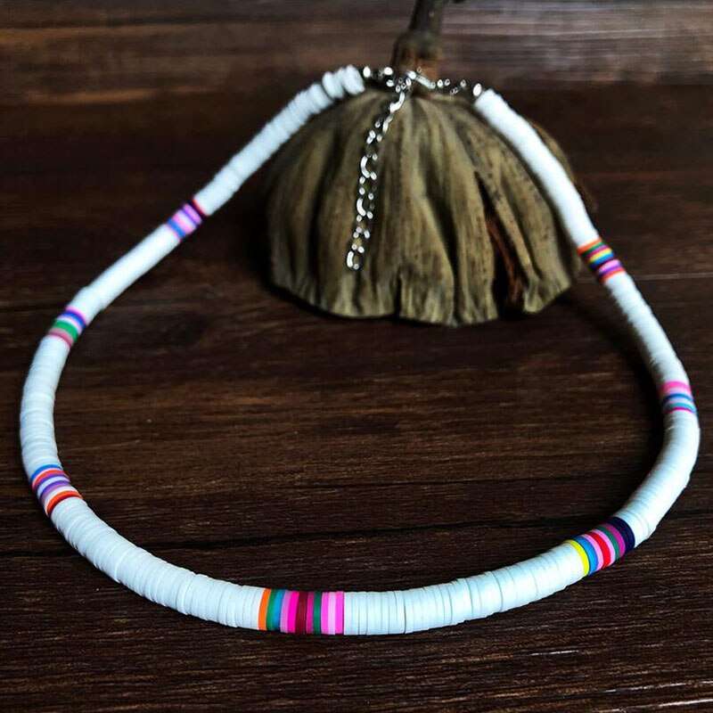 Collier en argile polymère fait à la main, poterie douce, ras du cou, perles de surfeur colorées, bijoux pour femmes: White