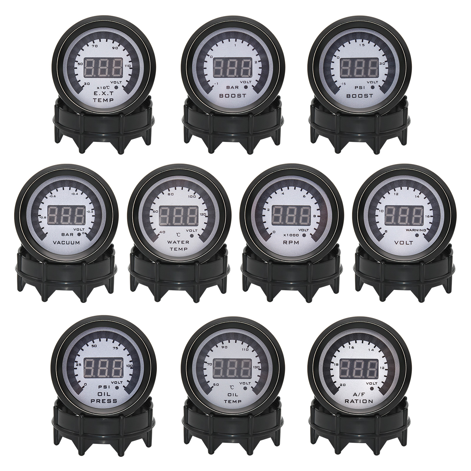 52MM Digitales LED-Boost-EXT-Abgastemperatur-Messgerät, Voltmeter, Spannungs-Luft-Kraftstoff-Verhältnis-Anzeige, Öldruck- und Öltemperaturmesser, Auto-Messgerät