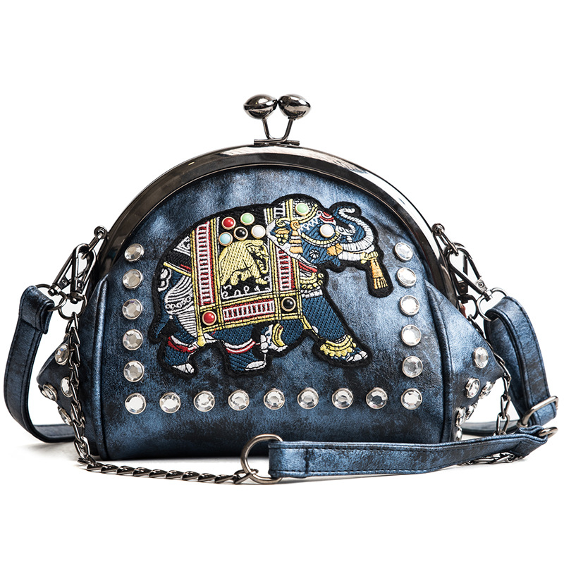 Embroidery Elephant Bag Lock Shell Bags PU Leather Chain Women Shoulder Crossbody Bag 48 pcs Insert Diamonds Women&#39;s Handbags: A women bag blue