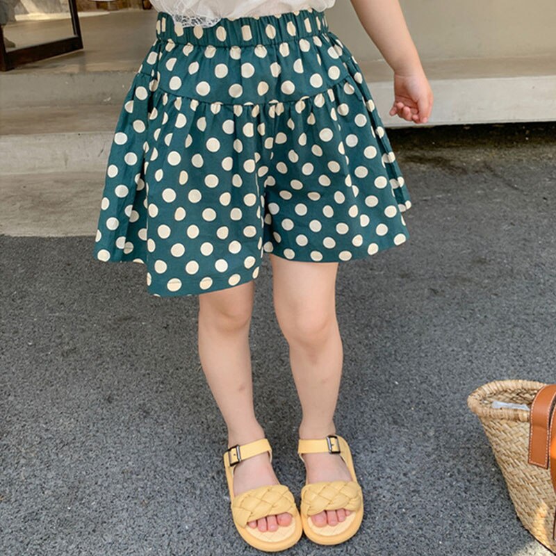 Shorts d'été pour filles de 2 à 6 ans, ample, imprimé de points, taille élastique, pantalons fins pour filles: Green / 3T