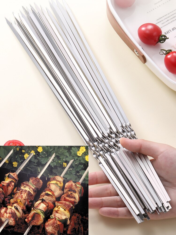 Bafnsiji 16 inch BBQ Skewers, 10 stuks Kebab Skewers, roestvrijstalen BBQ-grillskewers, platte herbruikbare metalen skewerstokken, geschikt voor barbecue, cocktail, familiefeest