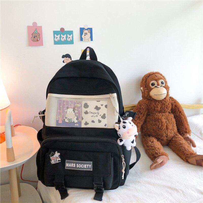 DIEHE Multifunction Nylon Women Backpack Female Transparent Pocket Small Travel Bag Girl Schoolbag Book Bag Kawaii Backpack: Black / NO Pendant