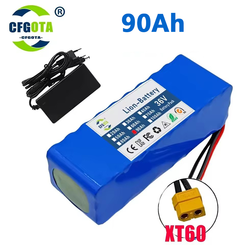 36V 100Ah 18650 battery pack 10S3P 100000mAh built-in 15A BMS, 250W-500W battery+42V 2a charger: Blue
