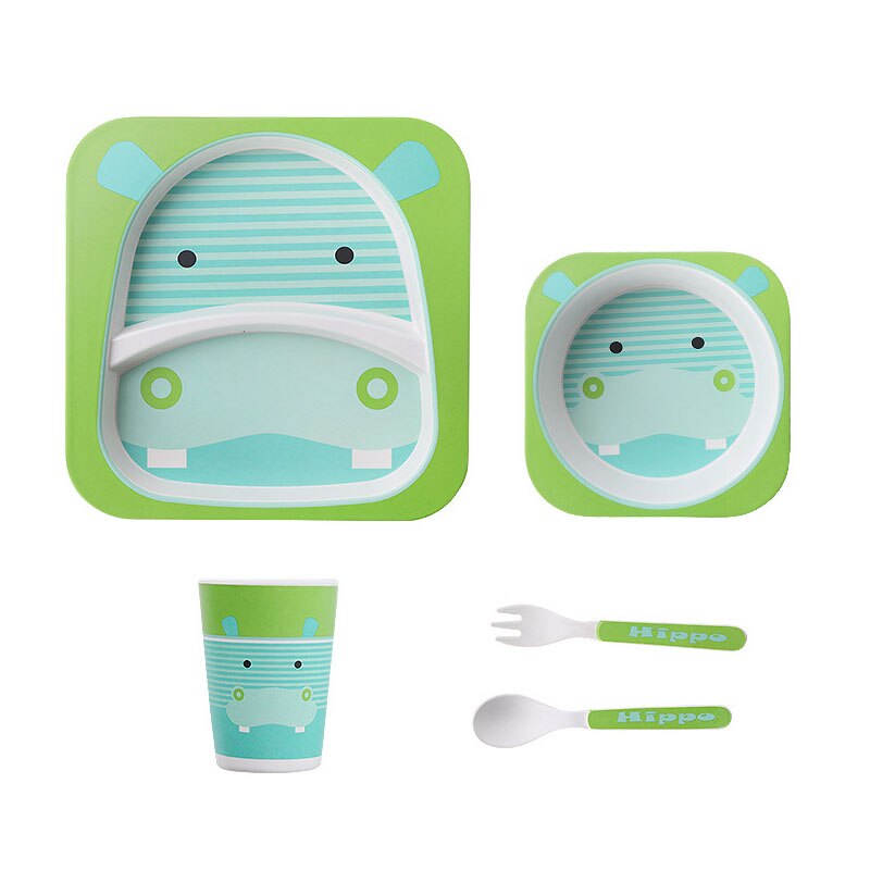 5pcs/set Animal Zoo Baby Plate Bow Cup Forks Dinnerware Feeding Set 100% Bamboo Fiber Baby Children Tableware Set: Green hippo