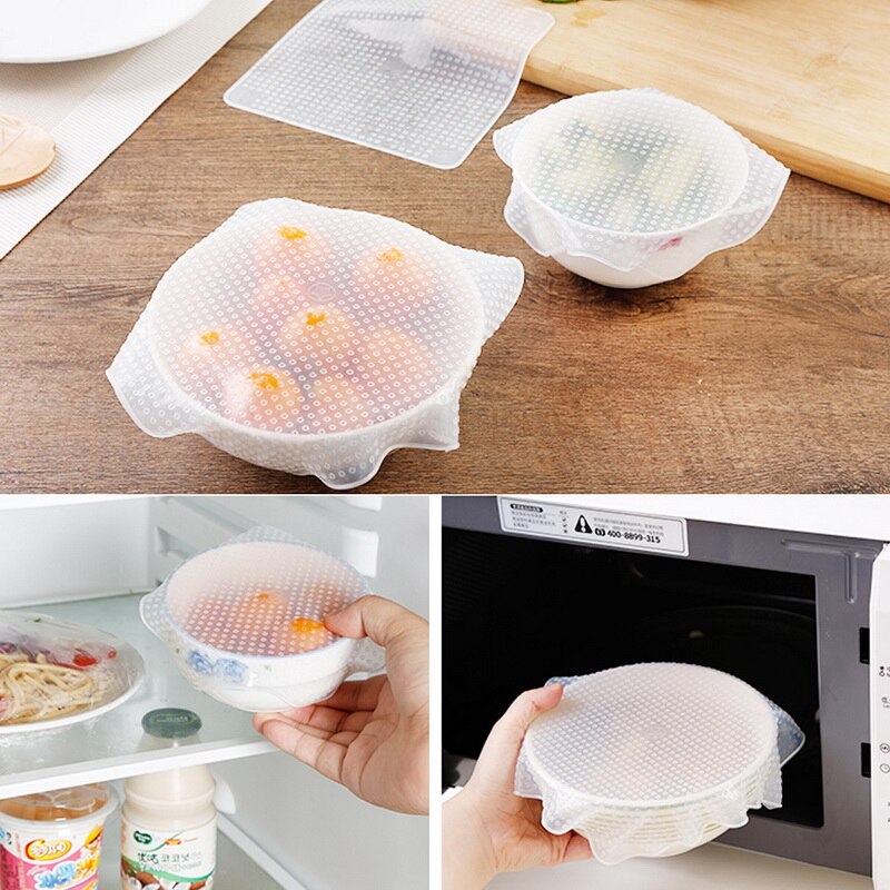 Film alimentaire en Silicone Transparent | 4 pièces, récipient pour aliments frais, scellé, couvercle sous vide extensible