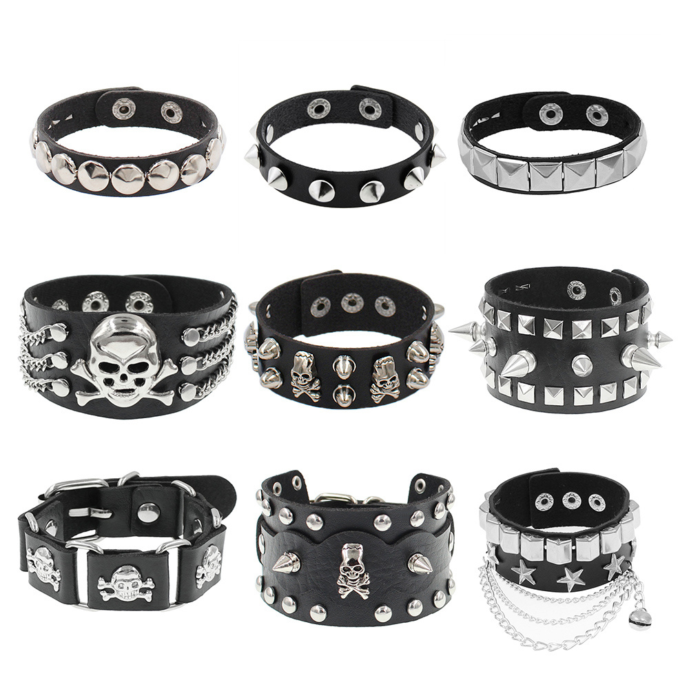 cuadrado redondo de cuero PU gótico esqueleto cráneo Punk remache estrella pulsera cadenas Retro brazalete pulsera joyería de navidad