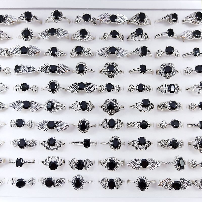 50 Stks/partij Vintage Zwart Glas Geometrie Ringen Voor Vrouwen Mix Style Mode Bruiloft Sieraden Party