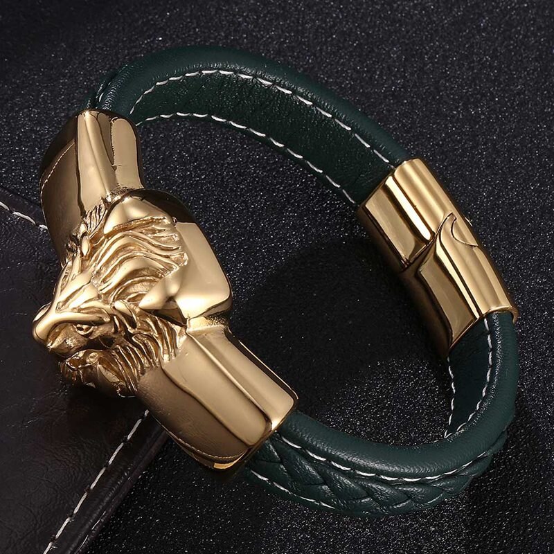 Hiphop groene gevlochten leren heren armbanden en bangles gouden leeuwenkop roestvrijstalen bikerketting mannelijke punk sieraden  sp0818