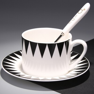 Nordic simple black and white geometric bone china coffee cup and Saucer Set with spoon afternoon tea cup home coffee shop: Inverted triangle