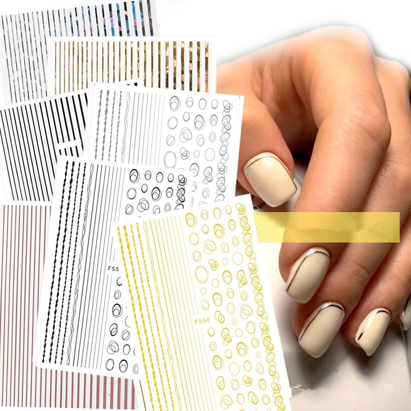 Goud 3D Nail Sticker Lijnen Strip E Geometrische Hart Zelfklevende Nail Art Transfer Stickers Decors 11.5*6Cm