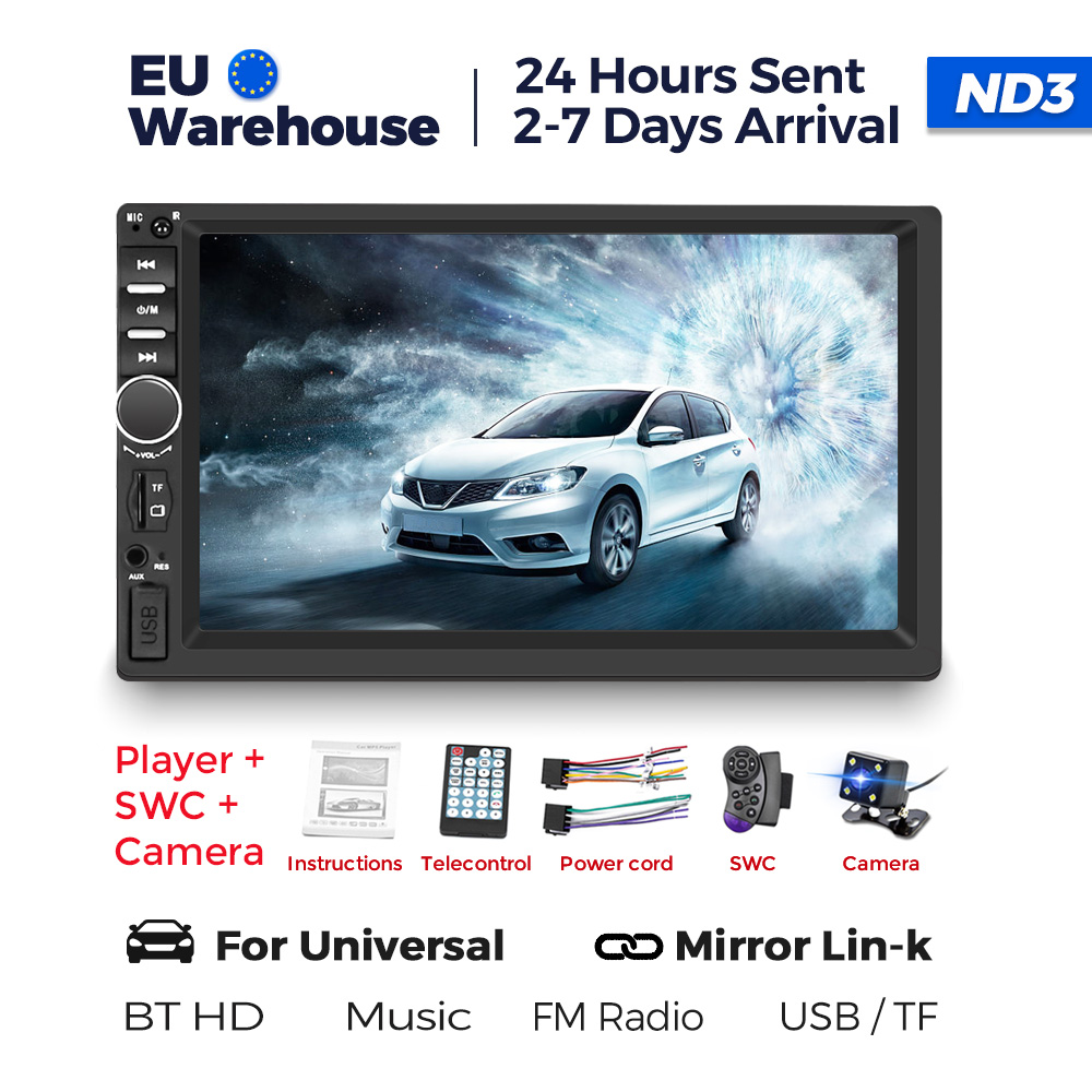 Lecteur de limitation de voiture double DIN universel, radio stéréo à écran tactile, lien miroir, entrée AUX, BT, SWC, FM, USB, carte TF, RCA, 1080P, 7 pouces: Rouge