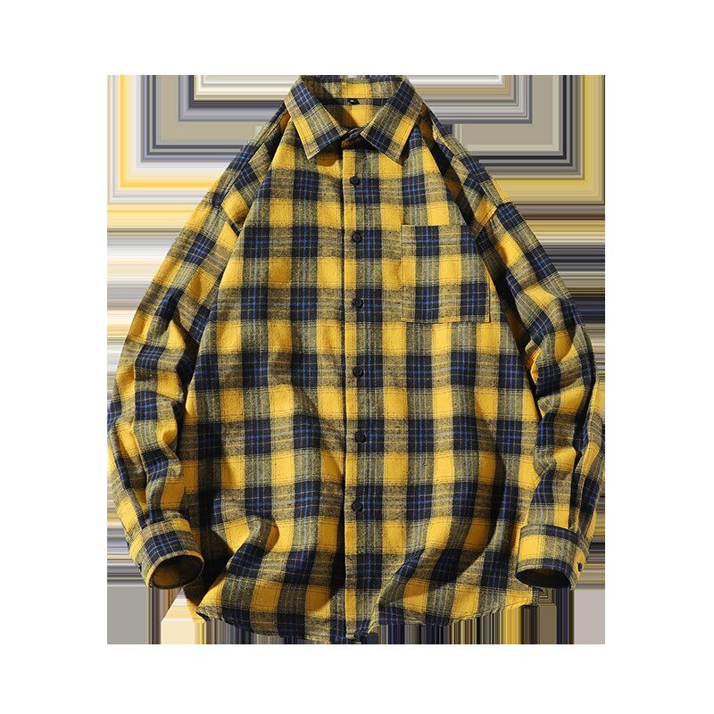Vår og høst ungdom gutter rutete jakke langermet herre fritidsstudentskjorte gul/khaki m -5xl