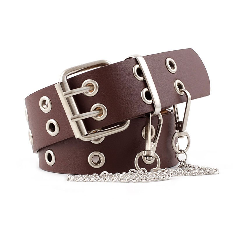 Women Punk Chain Belt Adjustable Black Double/Single Eyelet Grommet Leather Buckle Belt: N261-Coffee