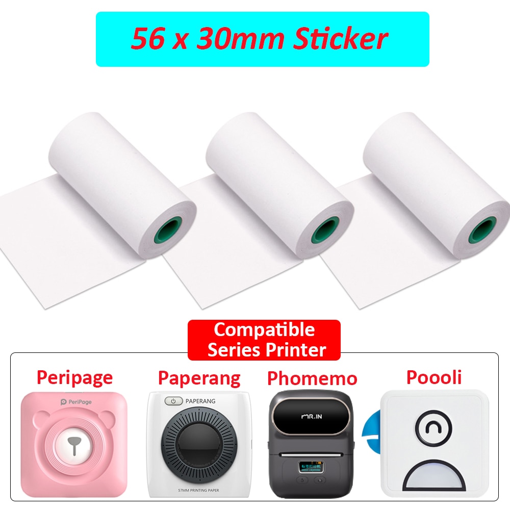 3-30 Rolls 56x30mm White Printable Sticker Paperfor PeriPage A6 A8, Paperang, Phomemo D30 M02 M110, Poooli Pocket Printer