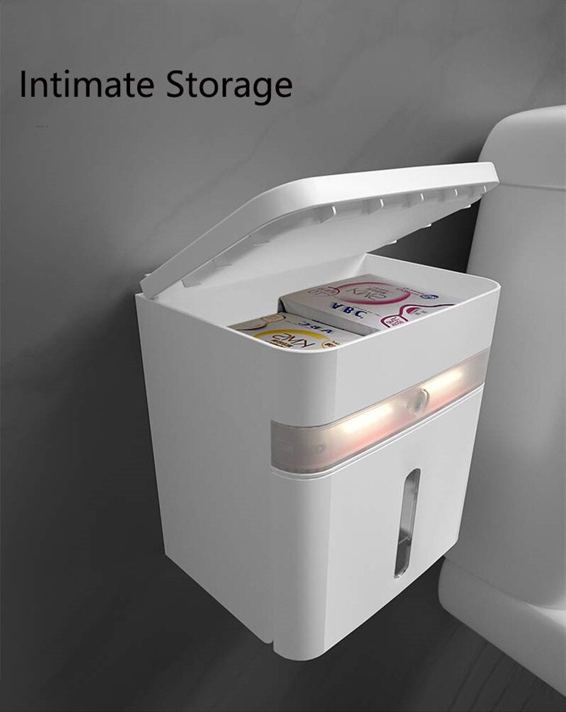 STOMMIHO Wall Mounted Toilet Paper Holder With Smart Sensor LED Lighting Waterproof Large Capacity Bathroom Tissue Storage Box