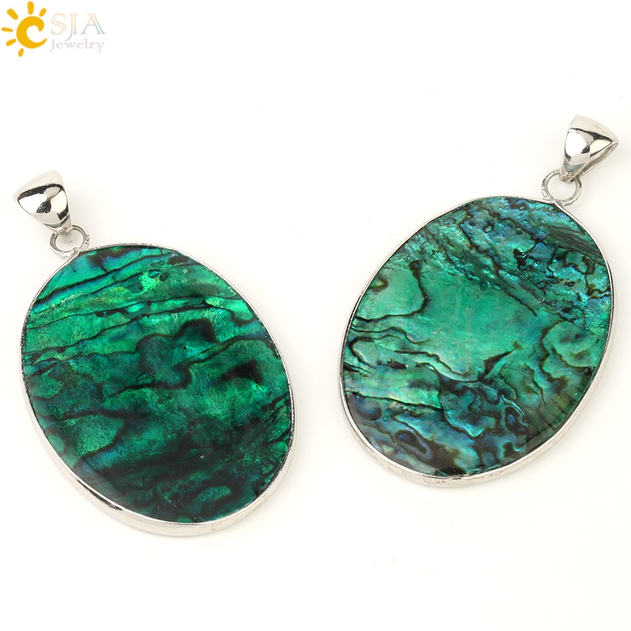 CSJA Verde Ovale cavalla Borsette Ciondolo Paua abalone Borsette Tallone Piatto di colore Argento Pendenti con gemme e perle Collana per le Donne di Fascino Dei Monili Semplice g230
