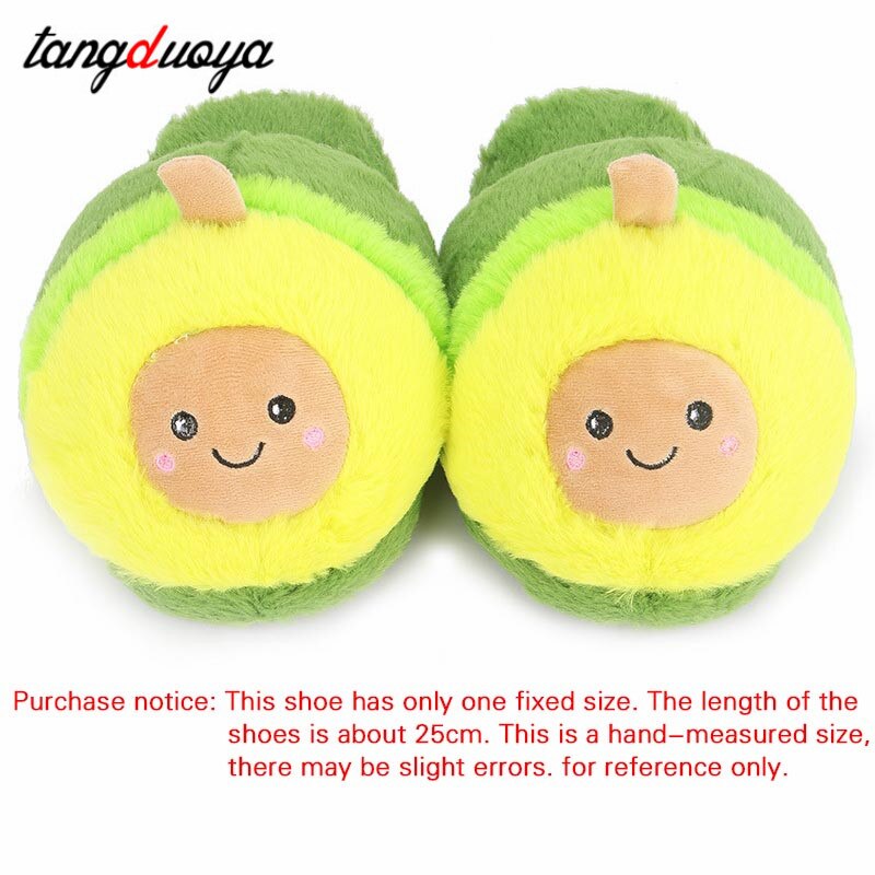 Kawaii pluszowe Avocado kapcie owoce zabawki śliczne ciepłe zimowe buty dla dorosłych kobiety produkty domowe Furry pantofle damskie zimowe