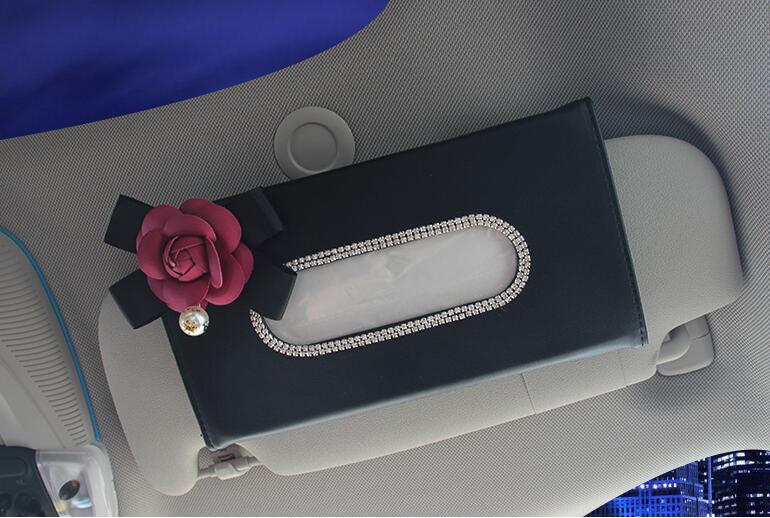 Leuke Bloem Crystal Tissue Doos Papier Houder Voor Auto Zonneklep Leather Opknoping Auto Zonneklep Tissue Gevallen Auto Accessoires: Roze