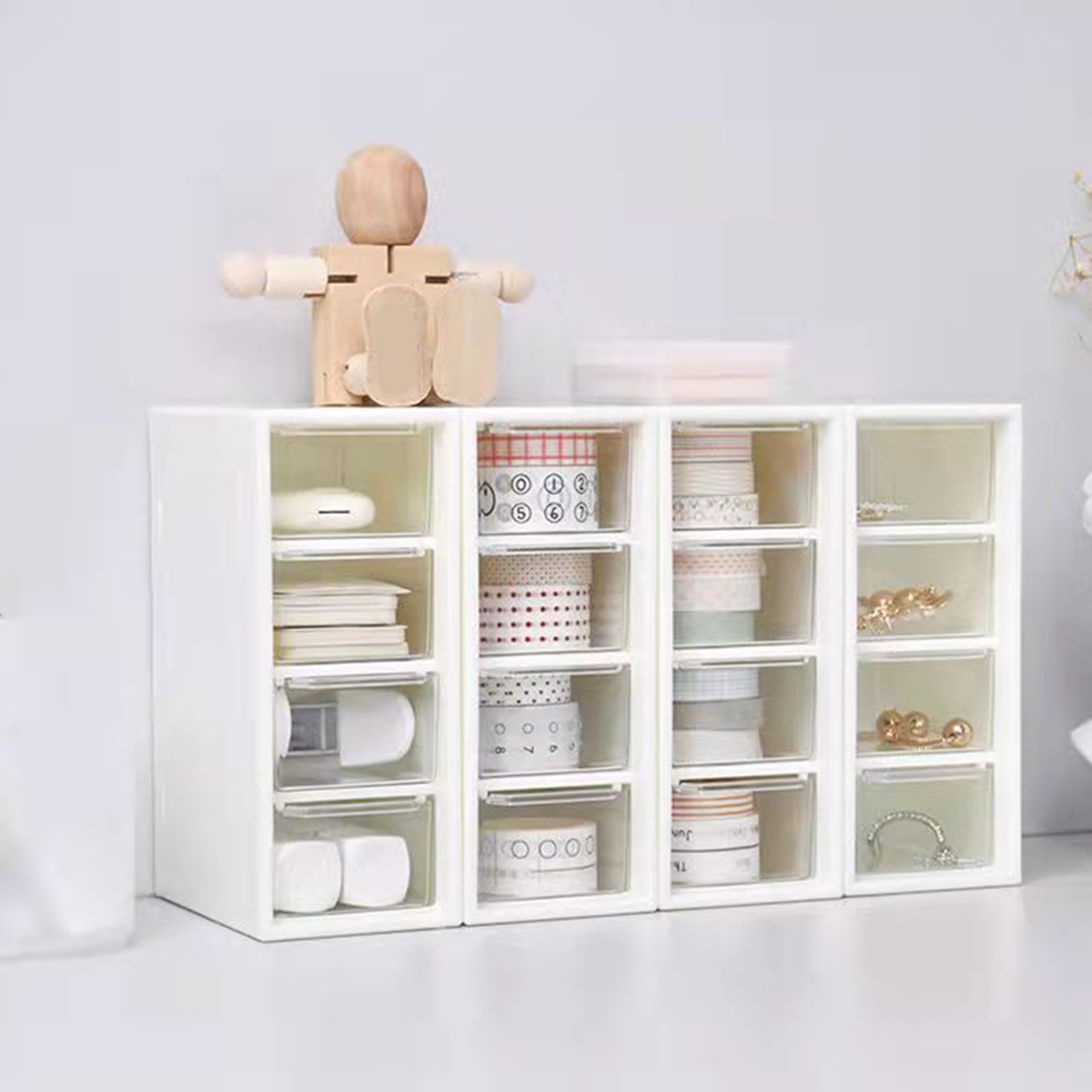 Organizador de escritorio blanco para niñas, caja de almacenamiento de 4 cajones, cosméticos, joyas, pinzas para el pelo, cuentas, maquillaje