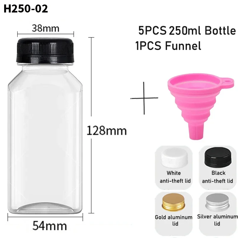 5 uds 60-500ML botellas de plástico transparentes vacías con tapas con embudo plegable contenedores de botellas de agua reutilizables para batidos de jugo DIY: Gris oscuro / 5 ml